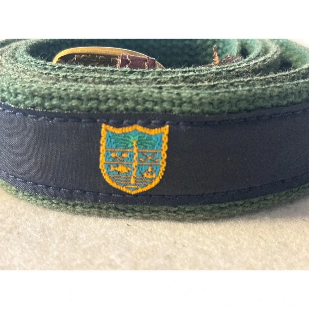 Unbranded Crest Ribbon Canvas Belt Mens 40 Green Navy‎ Brass Buckle Good Preppy